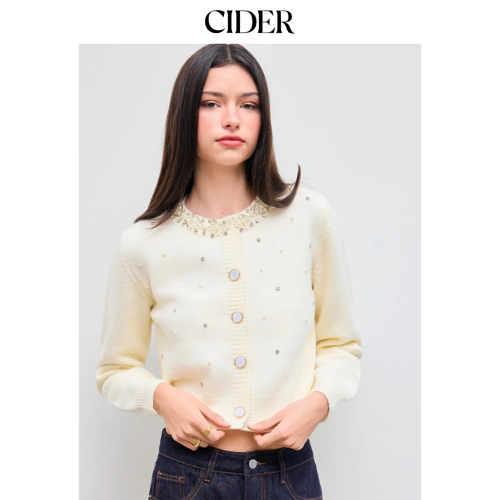 Cider [size 2-10] Knit Round Neckline Solid Rhinestone Long Sleeve Top