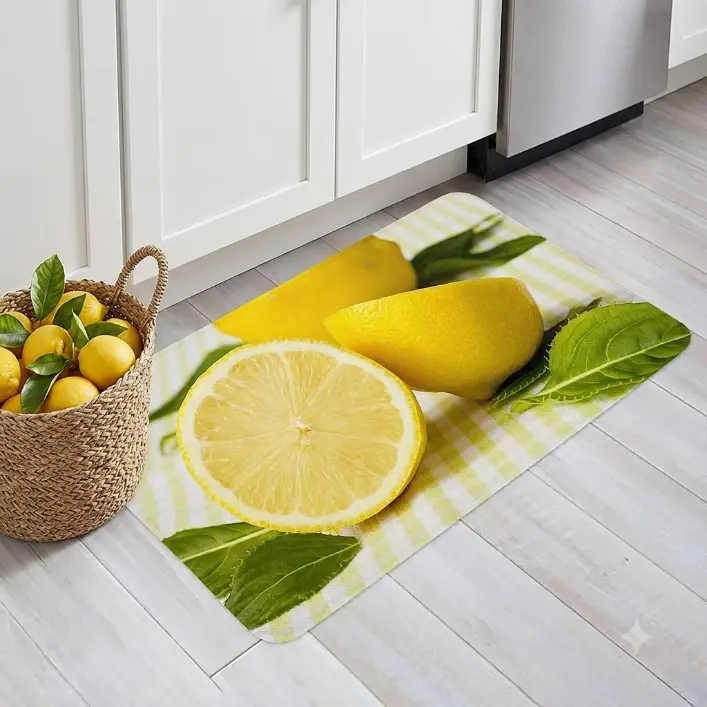 Kitchen Rug Floor Mat Yellow Summer Lemon Flannel Kitchen Mats, Cushioned Anti Fatigue with Non Slip Rubber Backed for Kitchen Bedroom Home Entrance