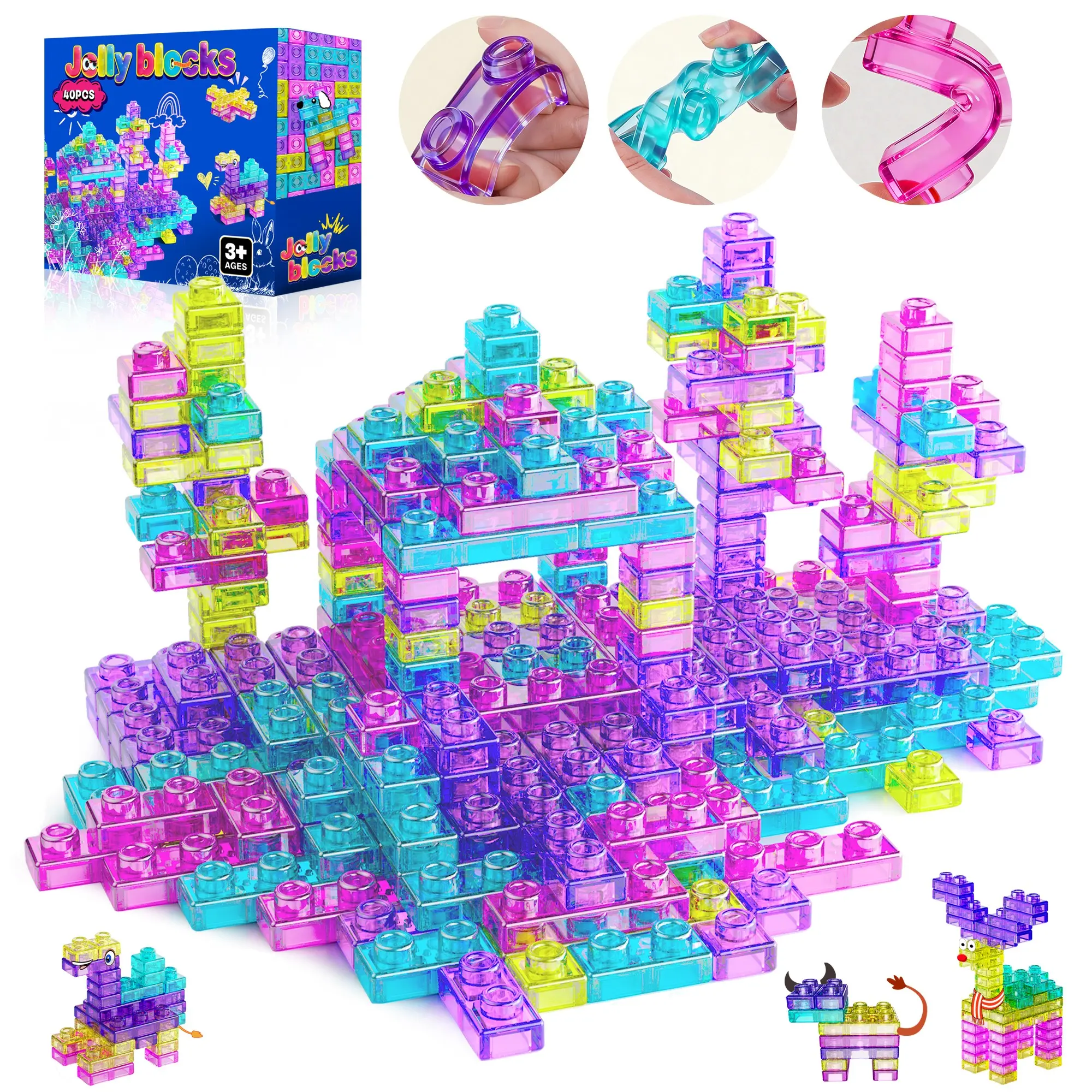 40pcs Soft Jelly Building Block Set for Kids, Creative Building Blocks, Transparent Sensory Stacking Toys, Stem Educational Toys for Toddlers Ages 3-6
