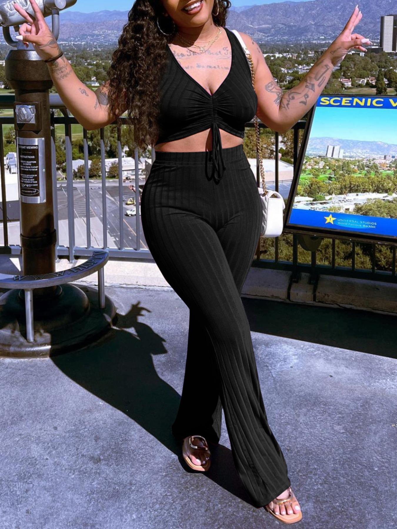 Women's Solid Ribbed Crop Tank Top & Pants Two-piece Set, Casual Fashion Cozy Two Piece Outfits for Daily Outdoor Wear, Ladies Clothes for Summer