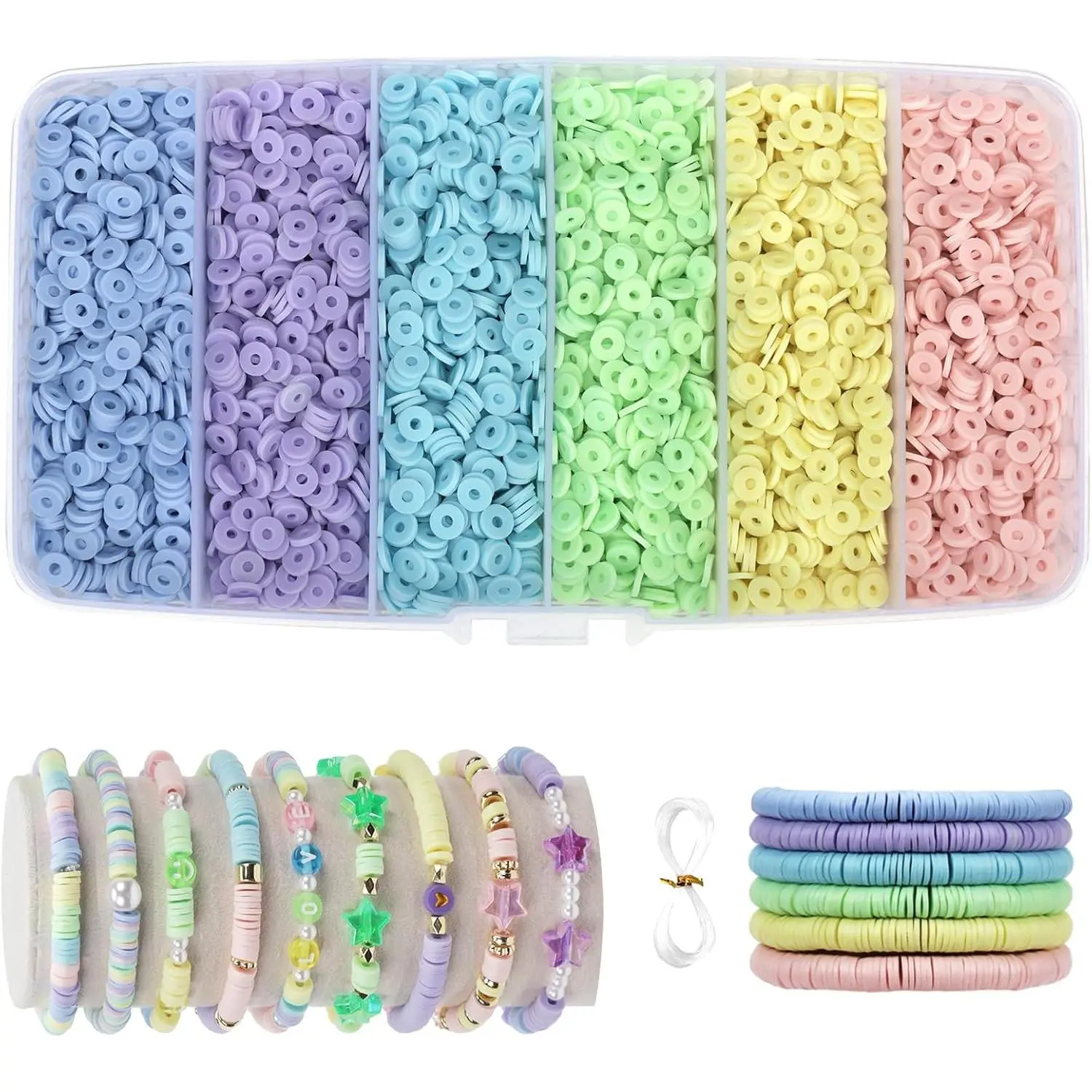 6000+Pieces Polymer Clay Beads, 6 Colors Easter Clay Beads (Pastel) | Bracelets Making Heishi Beads Friendship Bracelet Making Kit for Girl Women Adults