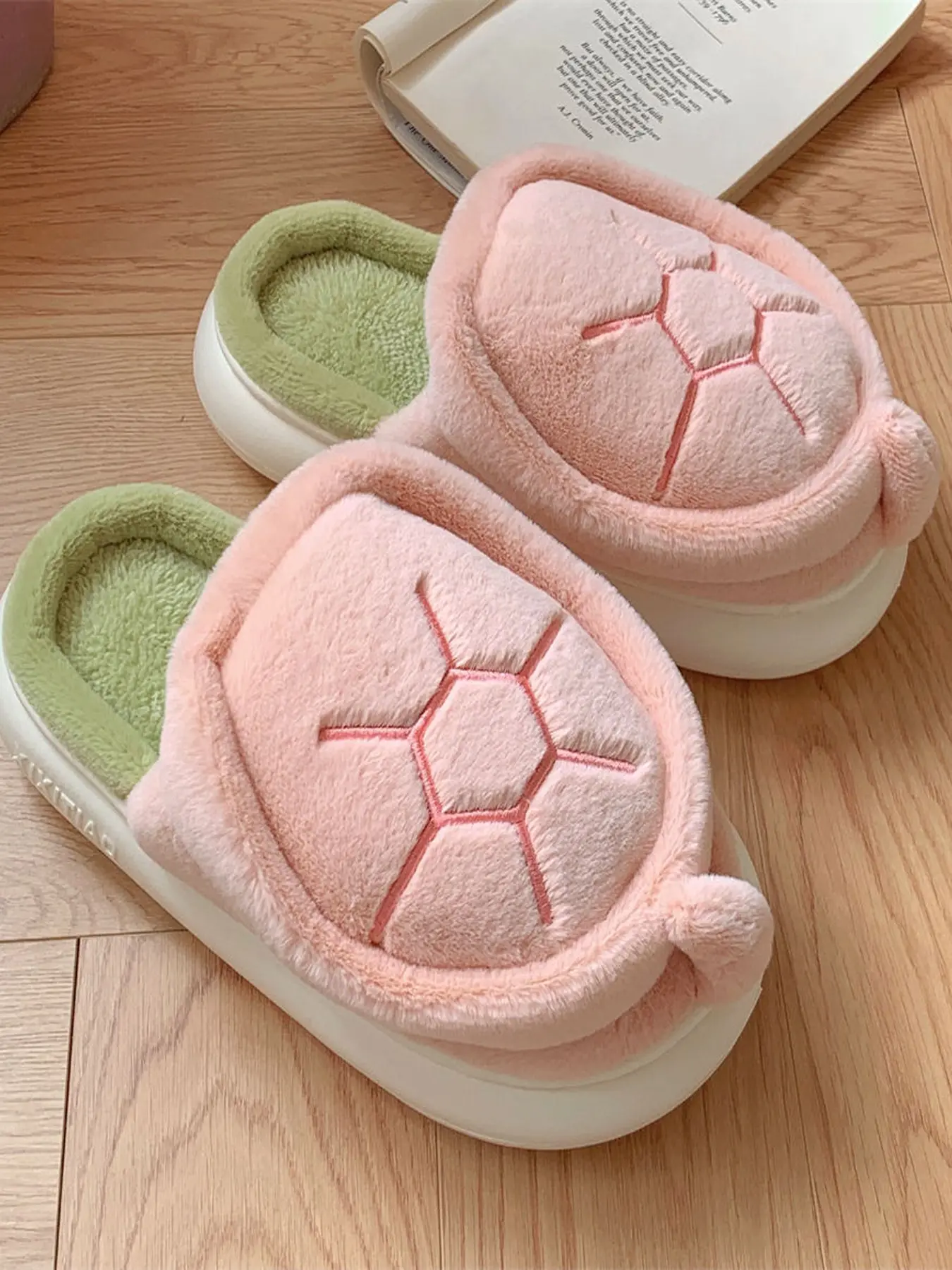 Xixitiao Cute Turtle Slippers Slide for Women, Thick Sole Plush Cotton House Shoes, Winter Warm Anti-Slip Home Footwear