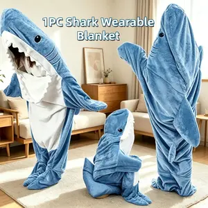 Shark Theme Flannel Sleep Bag, Cute Blue Shark Design, Wearable Hoodie Included, Perfect for Sofa Relaxation & Camping, Holiday Gift