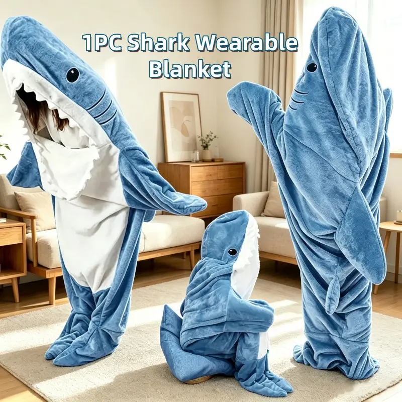 Shark Theme Flannel Sleep Bag, Cute Blue Shark Design, Wearable Hoodie Included, Perfect for Sofa Relaxation & Camping, Holiday Gift, Sleep Sack