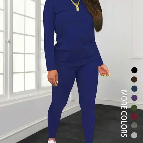 Women's Solid Basic Fitted Long Sleeve Tee & Elastic Waist Pants Set, Casual Round Neck Top & Trousers for Spring & Fall, Women's Clothing for Daily Wear, Casual Everyday Set, Womenswear