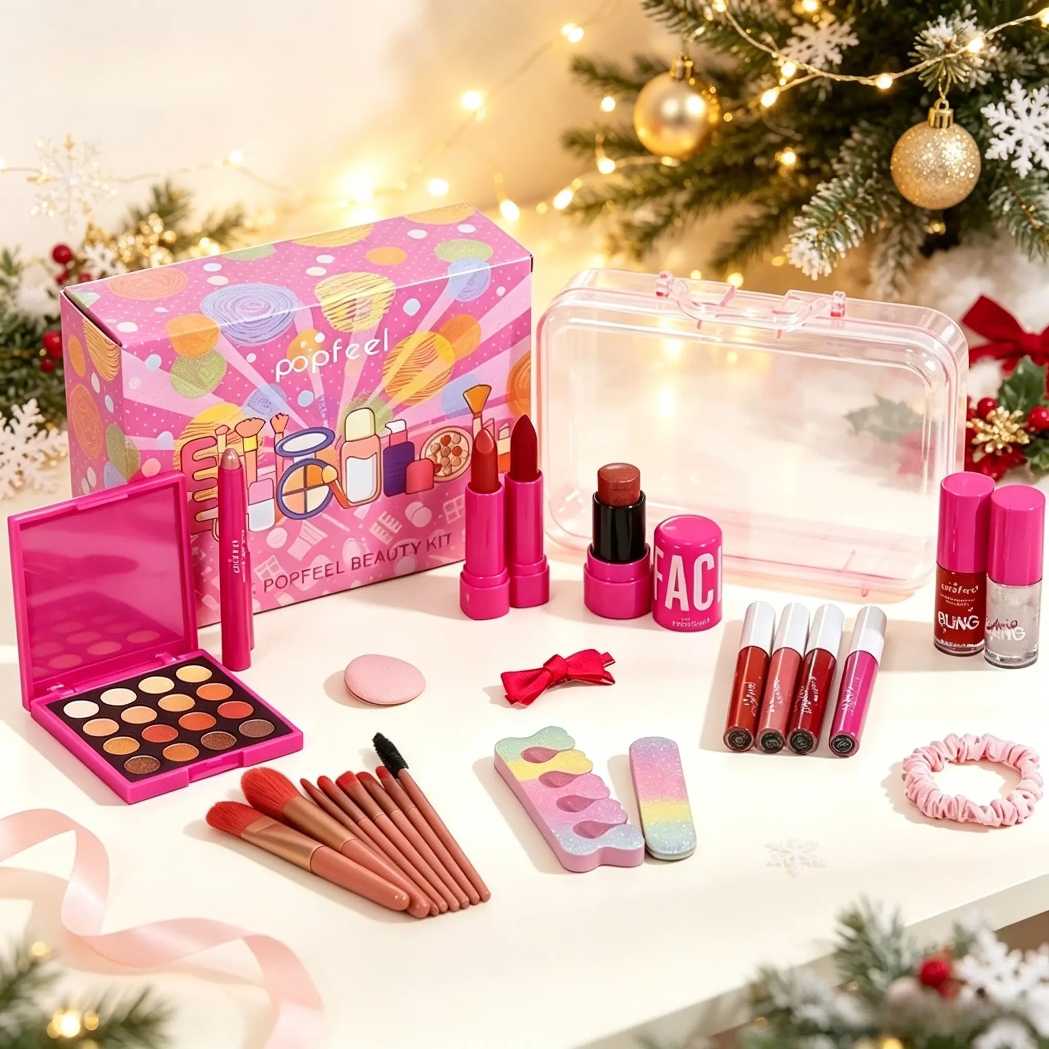POPFEEL beginner all-in-one makeup kit includes eyeshadow palette & skincare headband, easy-blend pigment for student daily makeup, stage dance looks. Compact for travel touch-ups, ideal holiday gift for girls on birthday, Valentine’s Day and Christmas.