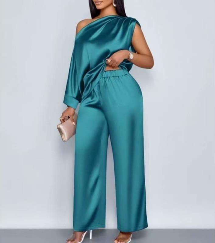 Summer Casual Women's Satin Suit with Asymmetrical Collar, Short-Sleeved Top and Long Pants Set