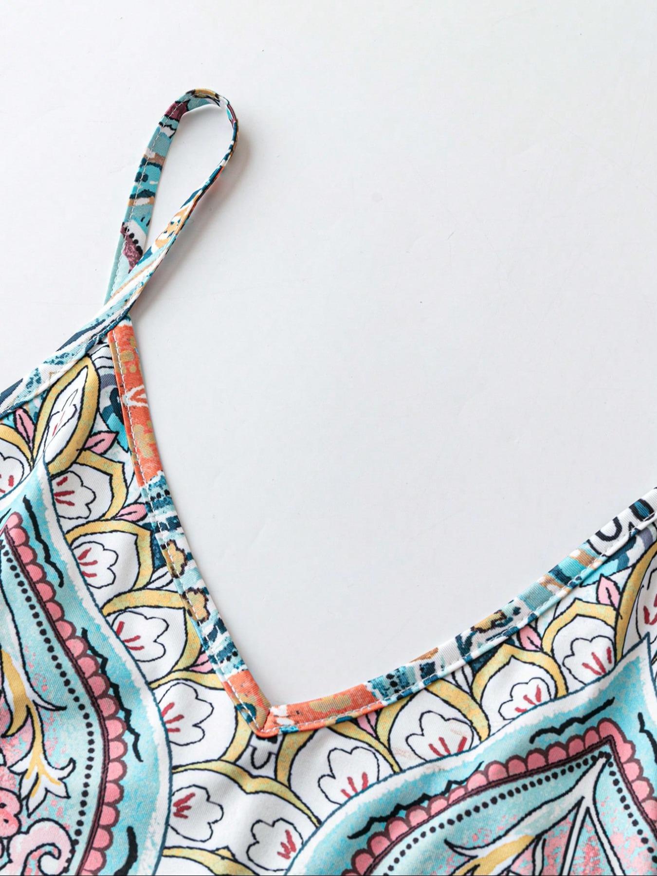 Women's Floral Print Dress, Boho Sleeveless Spaghetti Strap Long Dress for Beach Holiday Vacation, Ladies Summer Clothes, Womenswear