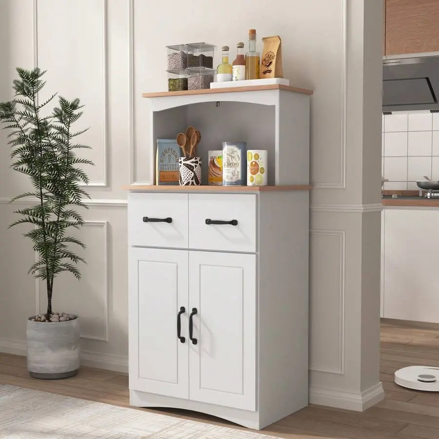 Wooden Cabinet White Pantry Storage Microwave Cabinet With Storage Drawer