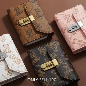 3-Fold Cute Bear Password Combination Lock Hidden Cash Storage Album, Anti-Theft Secret Money Saving Wallet Pouch, Portable Paper Currency & Banknote Collection Sorting Organizer Book for Cash Savings and Commemorative Bills