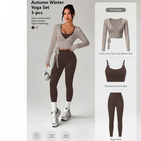 Women's 3-Piece Nylon Blend Workout Set - Long Sleeve Tie Pullover, High Rise Yoga Pants, Multi-Size Sports Bra, Gym & Matching Workout Sets for Women