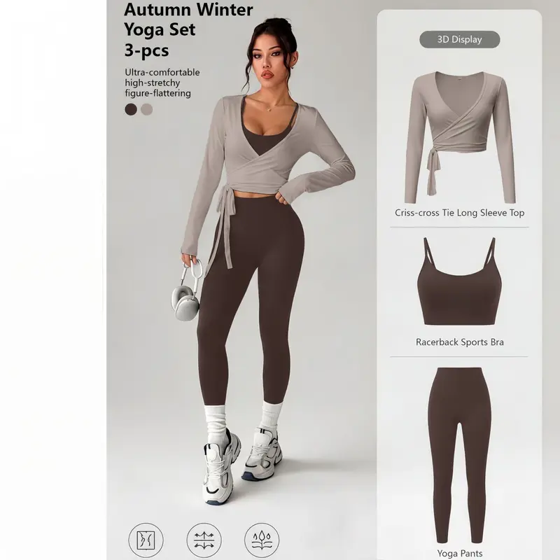 Women's 3-Piece Nylon Blend Workout Set - Long Sleeve Tie Pullover, High Rise Yoga Pants, Multi-Size Sports Bra, Gym & Matching Workout Sets for Women