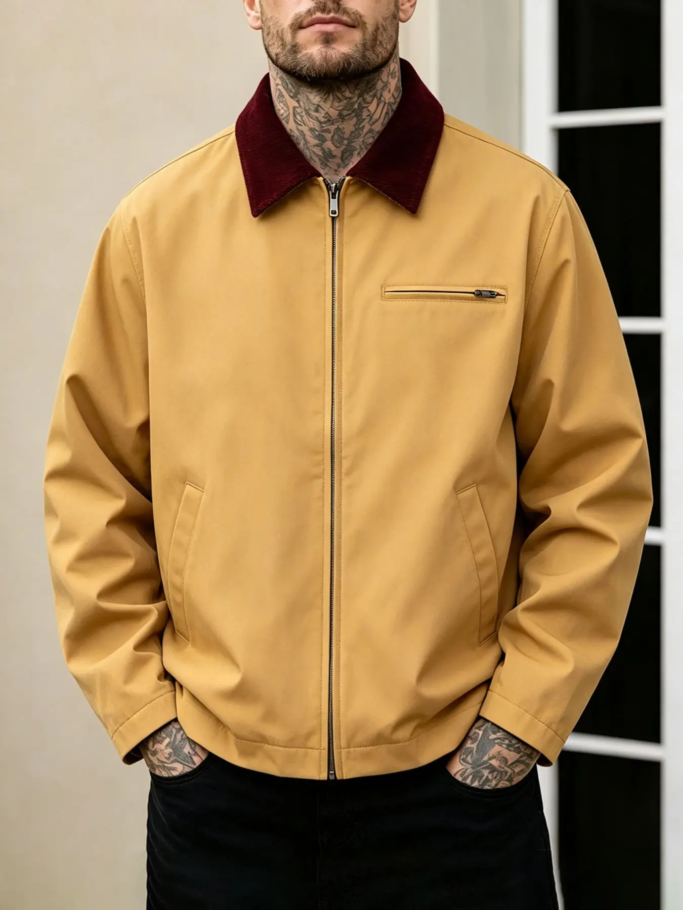 Men's Vintage Casual Jacket, Mustard Wine Velvet Lapel Coat, Zipper Multi-Pocket Design, Retro Style Outerwear