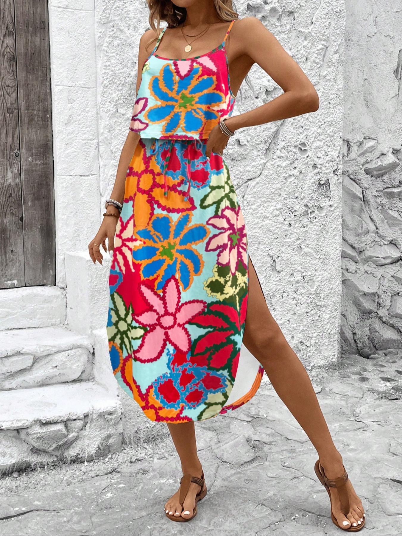 Women's Summer Tie-Dye Sleeveless Dress, Split Thigh Fitted Long Dress, Casual Vacation, Multicolor Floral Print