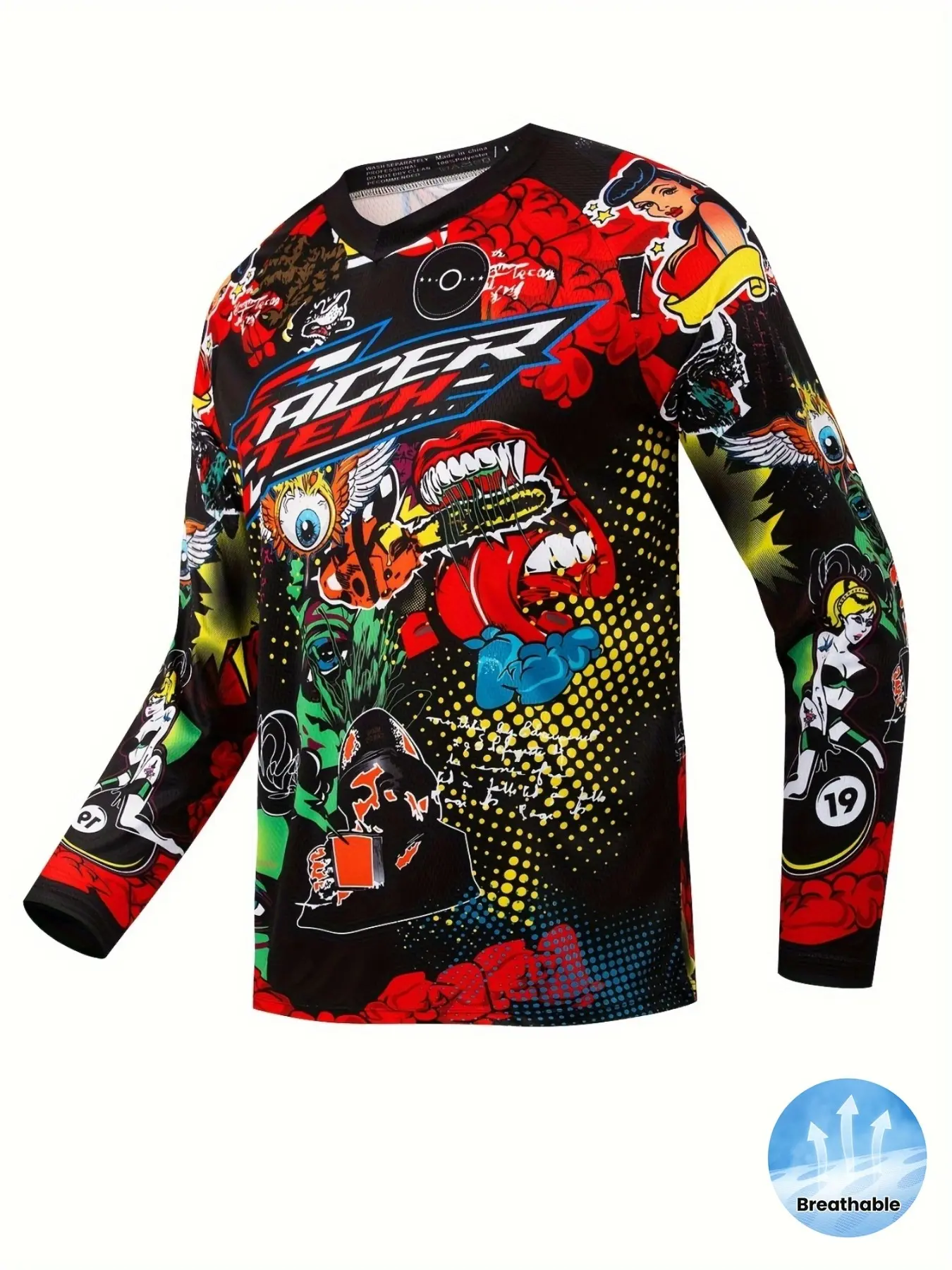 Men's Racing Quick-Dry Breathable V-Neck T-Shirt, Motorcycle Race Training Tee, Raglan Long Sleeve, All Seasons, Outdoor Activities