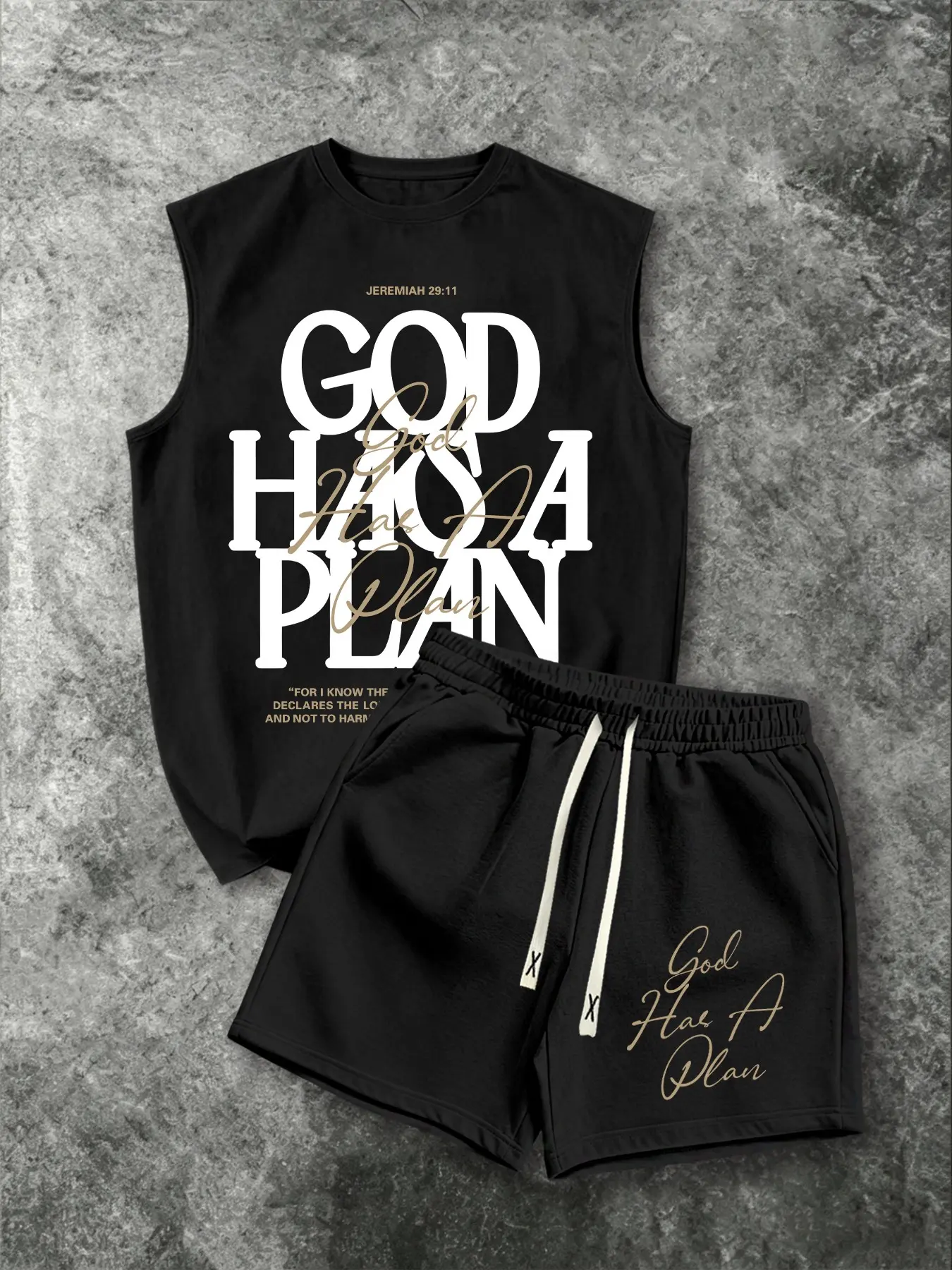 Men's Casual Sleeveless Tank Top and Shorts Set Outfit, Christian Faith Fashion, 'god Has a Plan' Print, Two-Piece for Men