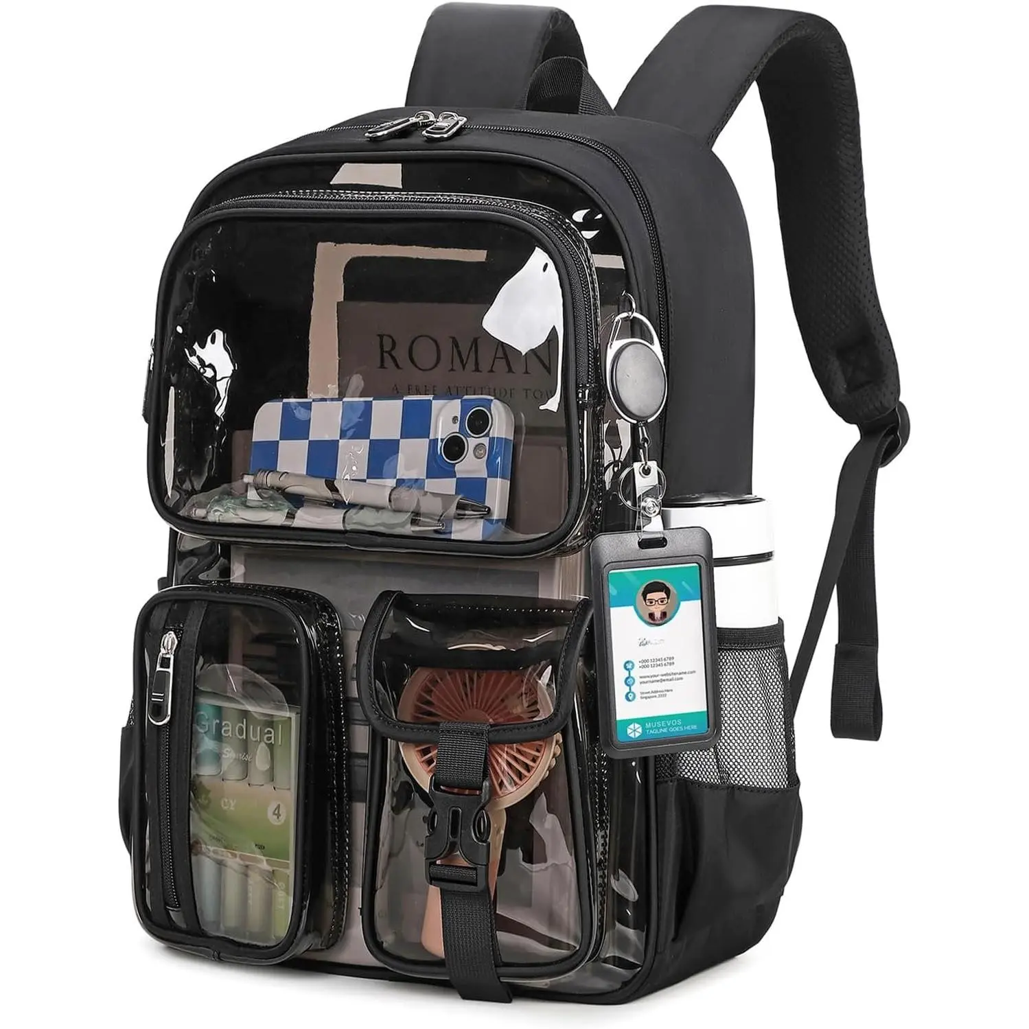 Clear Backpack for School, Heavy Duty Clear Bookbag for Girls Boys Transparent Backpack with Badge Holder, Semi-Black