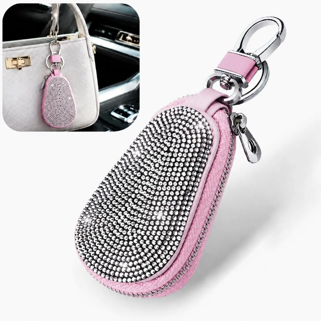 Key Chain Case, Bling Rhinestone Zipper Closure  Key Fob Cover, Leather Portable Fashion Auto  Key Pouch,  for  , SUVs ()