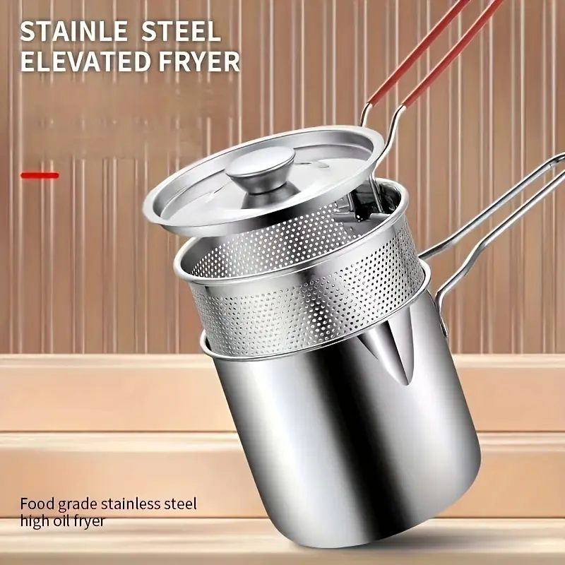 1Pc Stainless Steel Deep Frying Pan, Mini Deep Fry Pot with Fry Basket & Lid, Long Handle Multi-functional Small Cookware for French Fries, Chicken & Shrimp, Home Kitchen Deep Fryer, Deep Fryer with Basket for Home Use