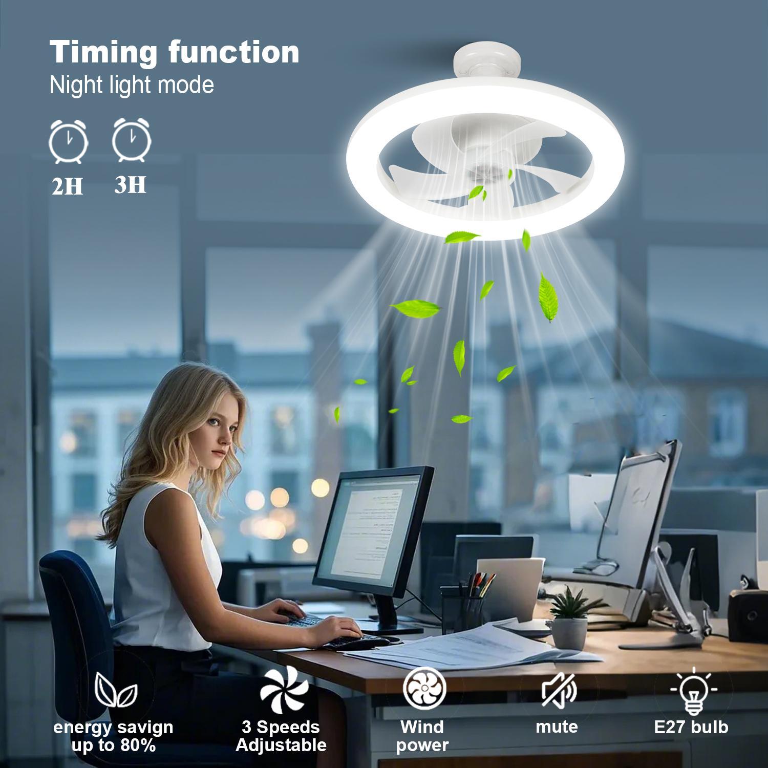 E27 Socket Fan Light with Remote Control, RGB Light Socket Fan Light, Unlimited Dimming, Lighting Modes Adjustable, Three-speed Wind Speed, Timeable Ceiling Fan Light for Small Rooms, Dimmable Ceiling Lights