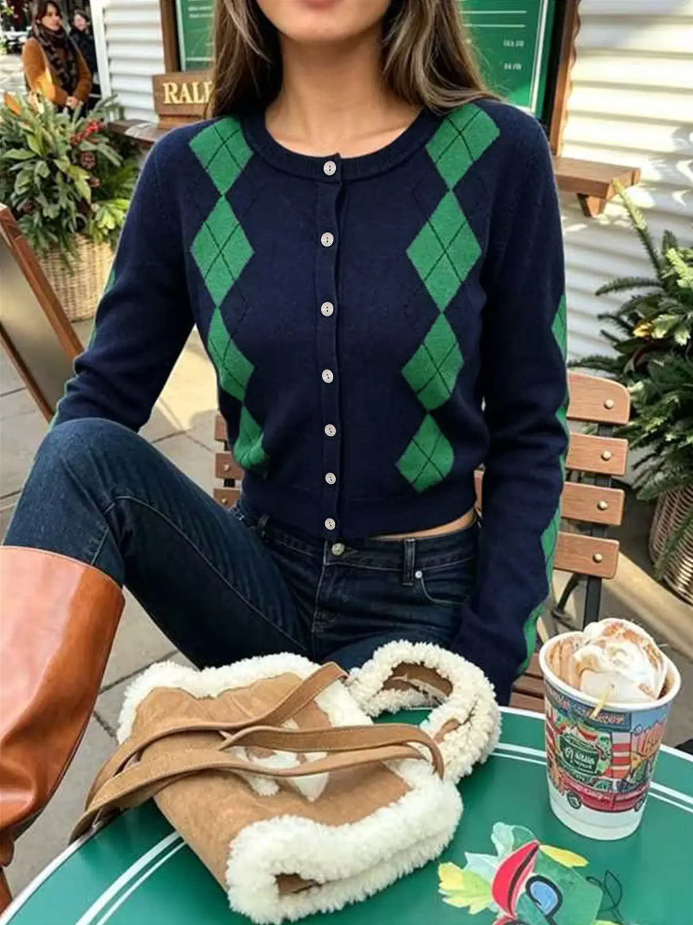 Womens Argyle Plaid Button Down Cardigan Long Sleeve Crew Neck Knitted Cropped Sweaters Outerwear for Fall Spring Clothes Outfit Casual Soft Preppy Knitwear, back to school, back to school shopping, Long Sleeve, Vintage Aesthetic
