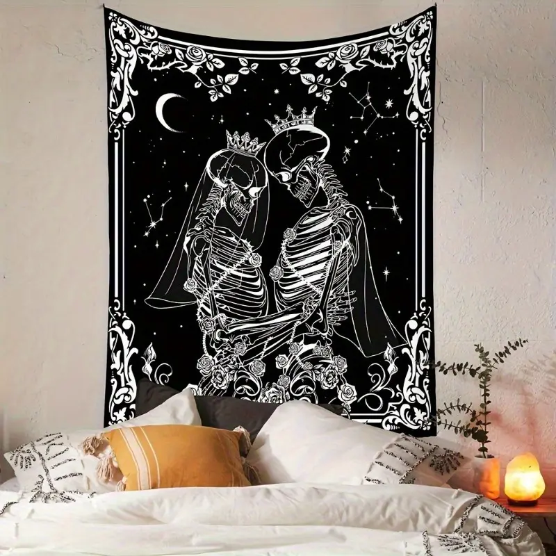 2D Flat, 2D Flat Plane, 1pc Gothic Black and White Skull Couple Tapestry - Large Horizontal Wall Decor with Ornate Frame Design, Intricate Gothic Wedding and Dark Tones Art, Wrinkle-Resistant Polyester Fiber Fabric. Suitable for Bedroom, Living Room