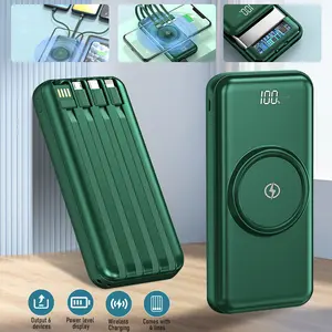 10W Wireless Power Bank 20000mAh with Built-in 4 Cables Portable Charger 3 Input 6 Output Fast Charging for iPhone Samsung Smartphones