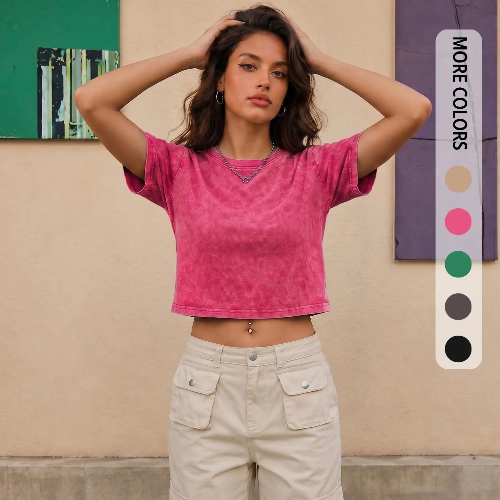 Women's 100% Cotton Garment Washed Cropped Tee – Vintage Acid Wash Y2K Streetwear Summer Crop Top, Soft Slim Fit Basic Tee