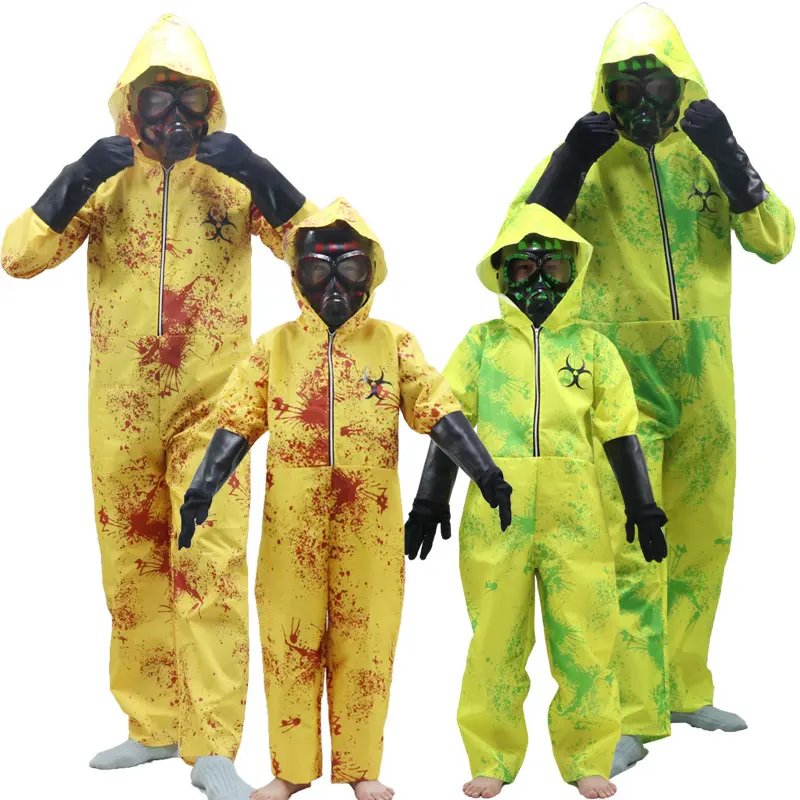 Kids' Polyester Biohazard Hooded Jumpsuit Costume - Yellow-Green Splatter, Relaxed Fit, Full-Length Hazmat-Inspired Zombie Outfit, All Seasons, Biohazard Symbol