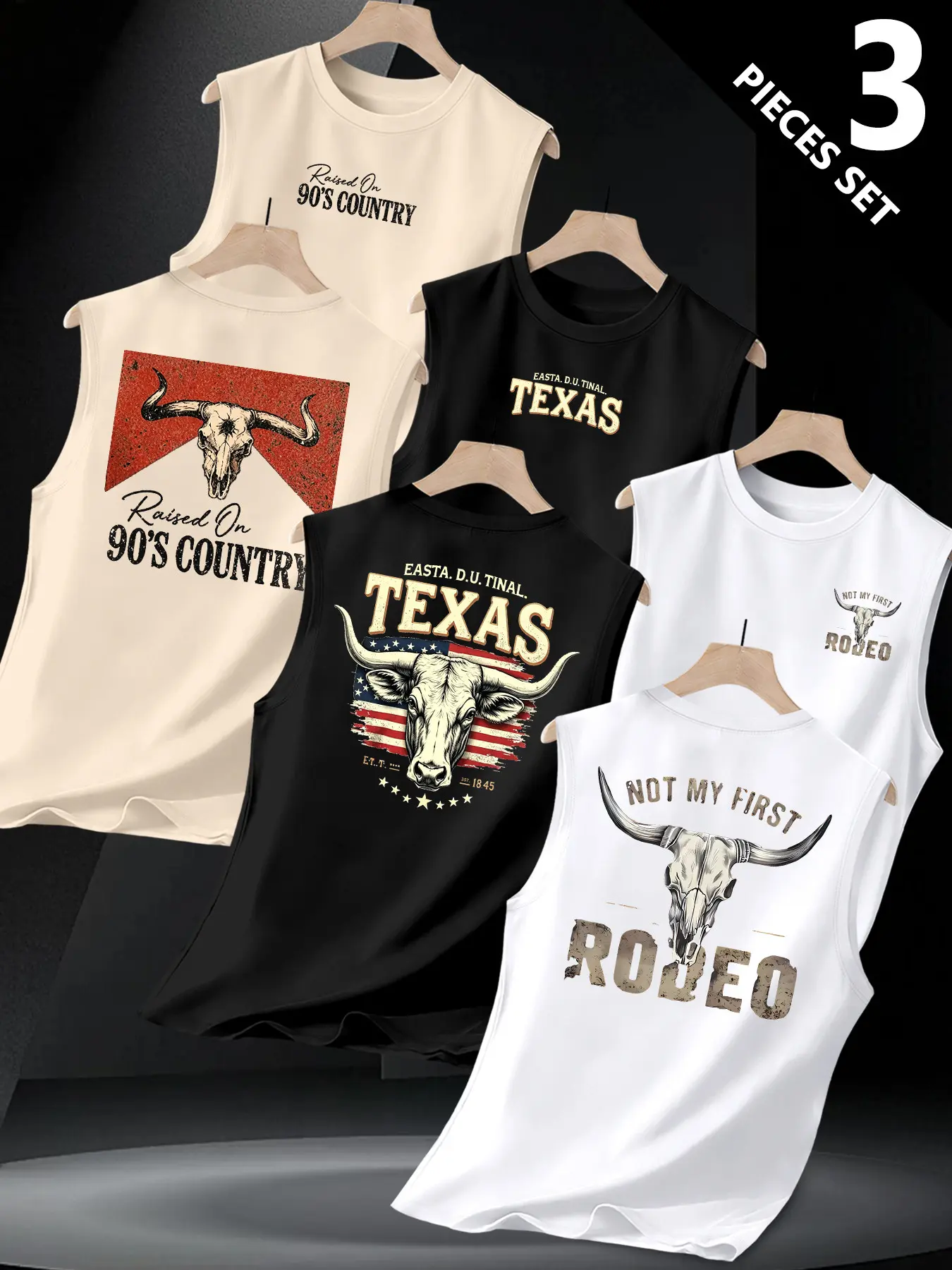 3 Piece Texas Western Bull Print Sleeveless Vest, American Country Vintage Distressed Cape, Outdoor Casual Fitness Top, Muscle Singlet