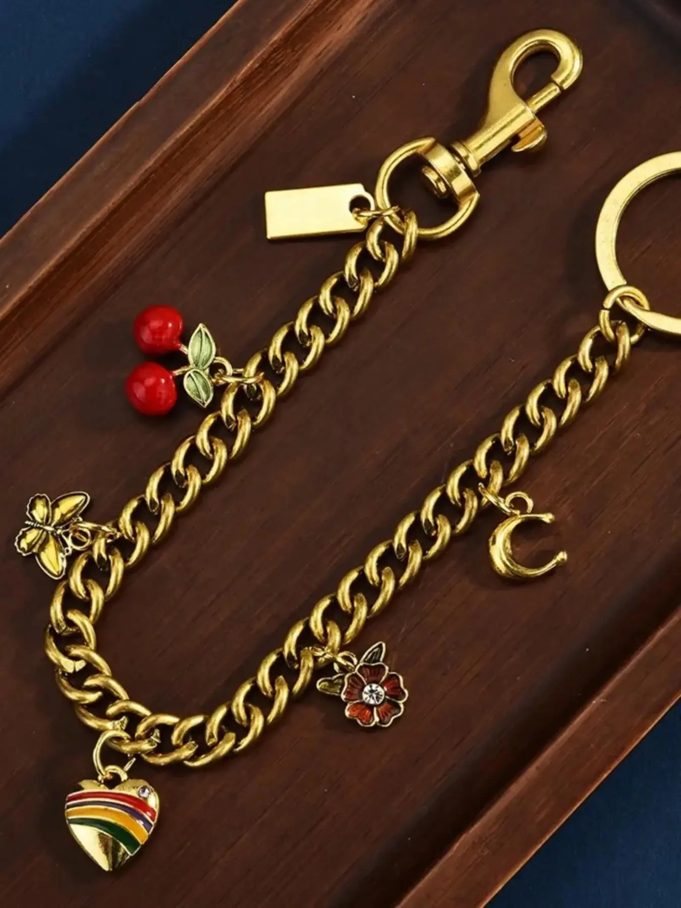 Retro Enamel Bag Chain Strap with Cherry & Flower Charms, Gold Tone Detachable Purse Chain, Decorative Accessory for Women's Bags