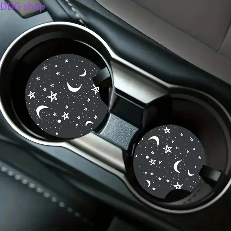 2-Pack Gothic Moon Art Galaxy Coaster Set, Aesthetic Car Accessory Non-Slip Absorbent Rubber Mats, Witchy Celestial Car Interior Decoration Auto Cup Holder Inserts Gift (Sports & Outdoor Protective Gear), Car Accessories