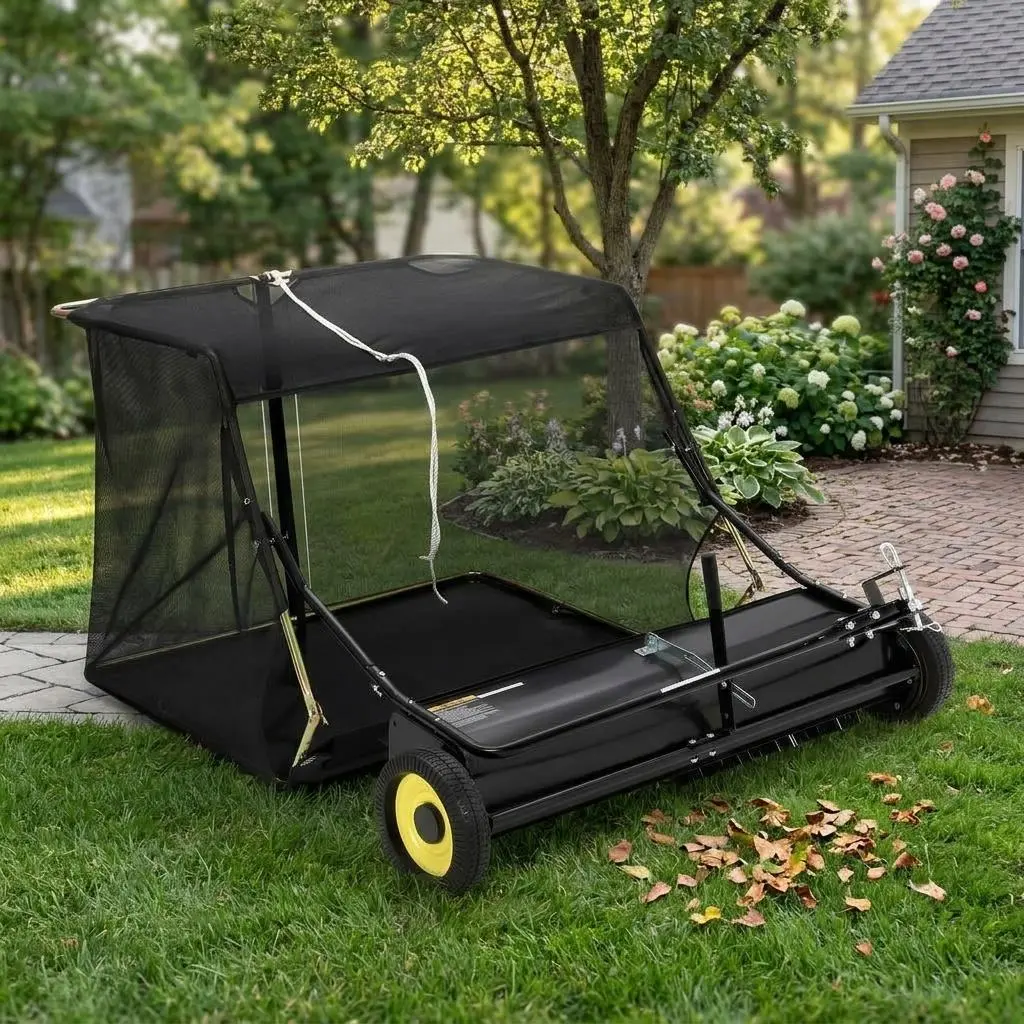 Tow Behind Lawn Sweeper - 50-Inch Wide, 26 Cu. Ft. Large Mower, Adjustable Height Leaf & Grass Collector, Easy Dumping for Yard, Lawn, and Farm, Pull Behind Design