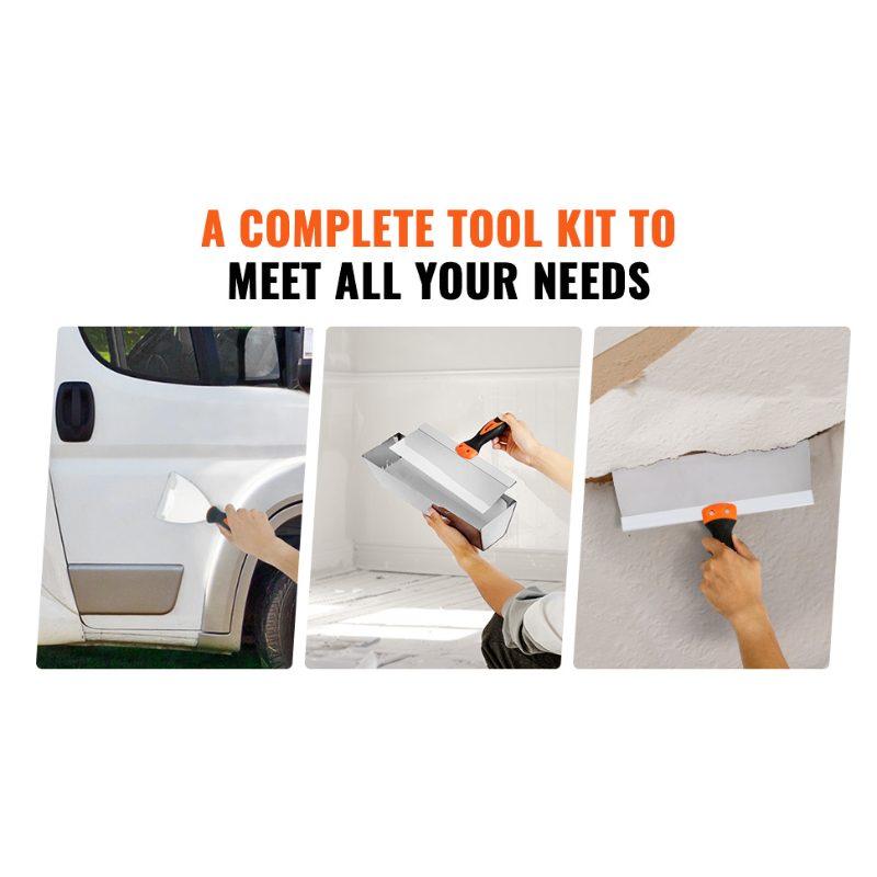 VEVOR Drywall Knife Set, 6 PCS Drywall Tools Includes 3 Painter Scraper, Two Putty Knives, Two Taping Knives and 12 Mud Pan, Stainless Steel Spackle Tool, Drywall Finishing Tools for Home