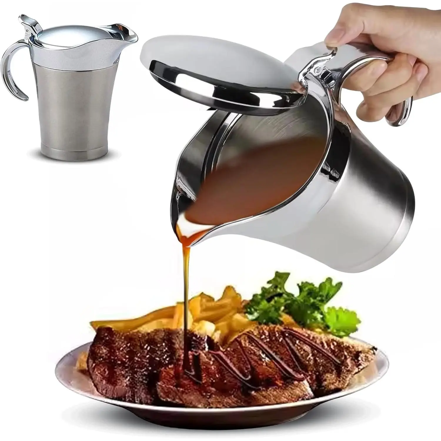 750ML Stainless Steel Gravy Boat with Lid, Double Insulated Gravy Pitcher for Hot & Cold Sauces, Elegant Small Sauce Server for Steak, Turkey and Holiday Dinners