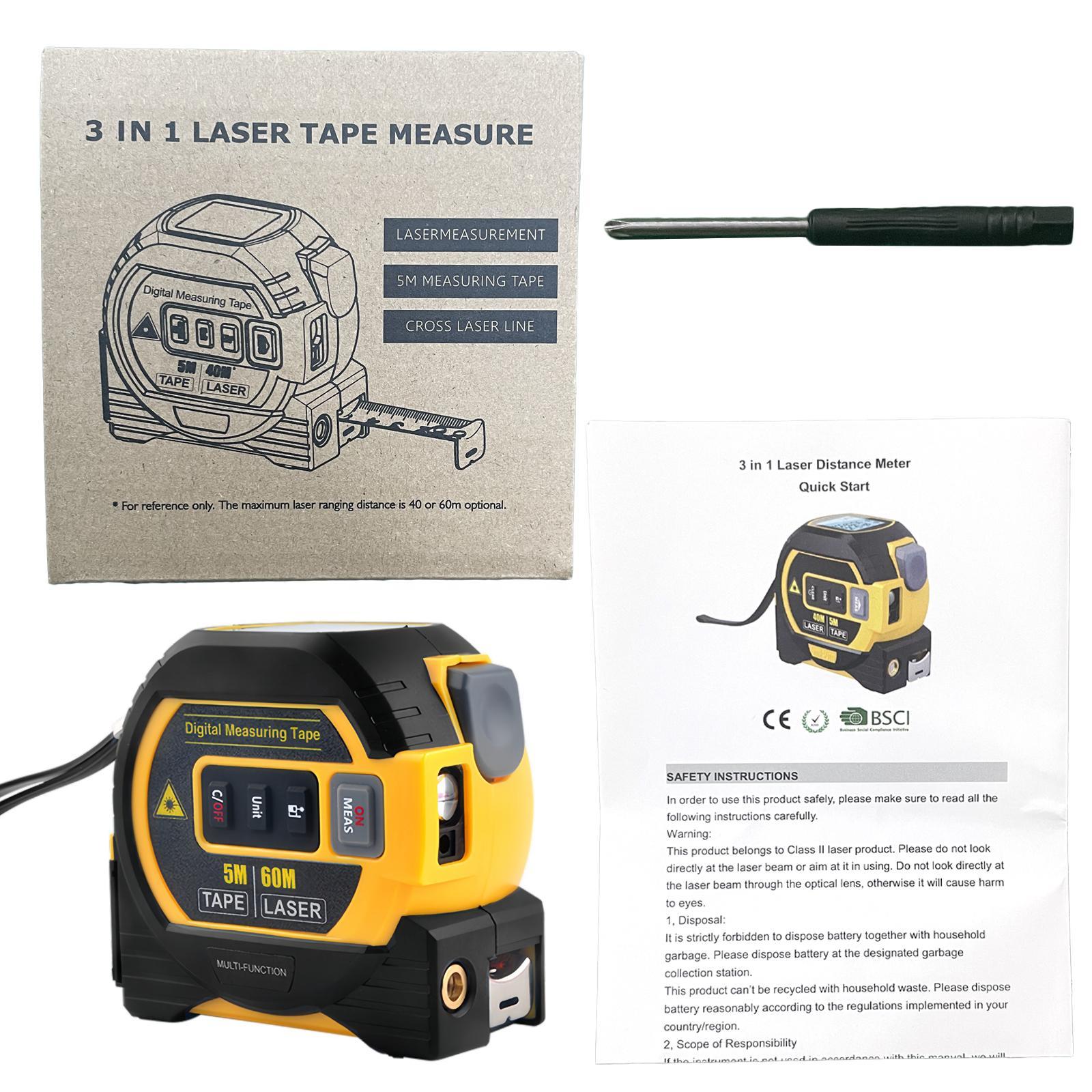 3 in 1 Digital Laser Tape Measure, 40/60M Measuring Range Laser Distance Meter, Accurate Measuring Tool with LCD Display, Laser Range Finder