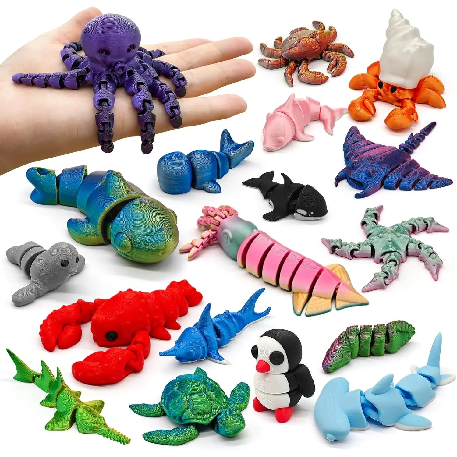 3D Printed Animal Figures Set, 18Pcs 3D Printed Toys, Ocean Animal Figurines Toys, Fidget Articulated Flexible Toy for Party Favors Birthday Gifts Office Desktop Home Decorationfidget toys