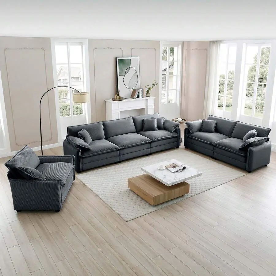 3-piece comfortable oversized sectional sofa, one single sofa, one 2-seater sofa, and one 3-seater deep-seat sofa.