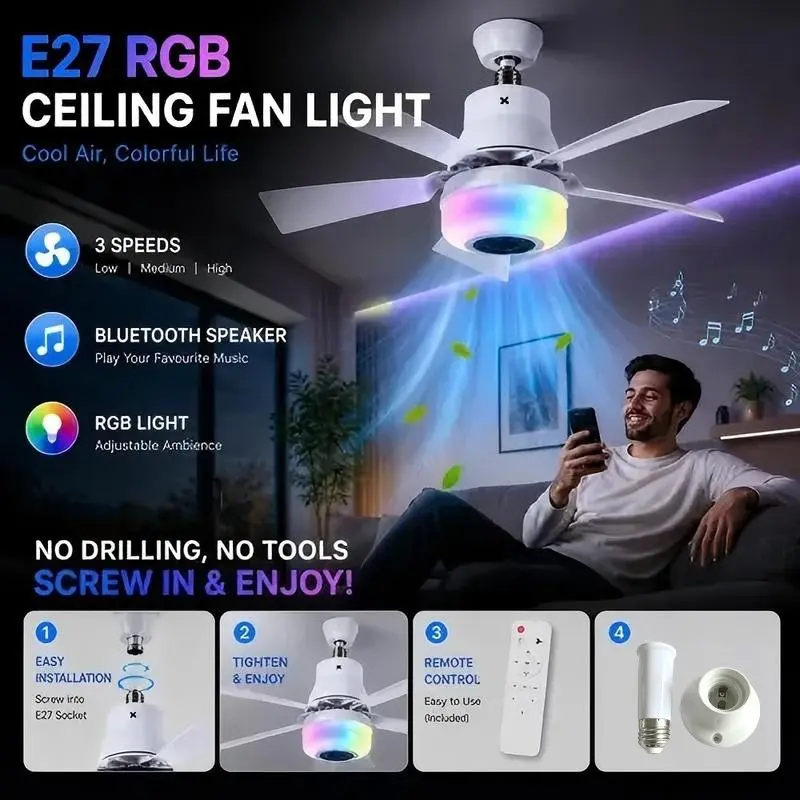 E27 Ceiling Fan Light with Bluetooth-compatible Speaker, RGB LED, Remote Control, Three Speeds, Adjustable Lighting, Home Bedrooms & Offices