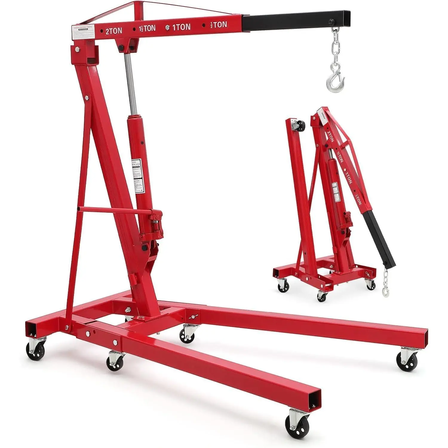 1.2-Ton Folding Hydraulic Engine Hoist with Load Leveler (44 lbs Capacity), Cherry Picker, 360° Swivel Casters (6 Pcs), Hydraulic Pump, 4 Adjustable Boom Positions (0.5T-1.2T), Axles, Heavy-Duty for Garage & Workshop Automotive Car Repair Tools (Red)