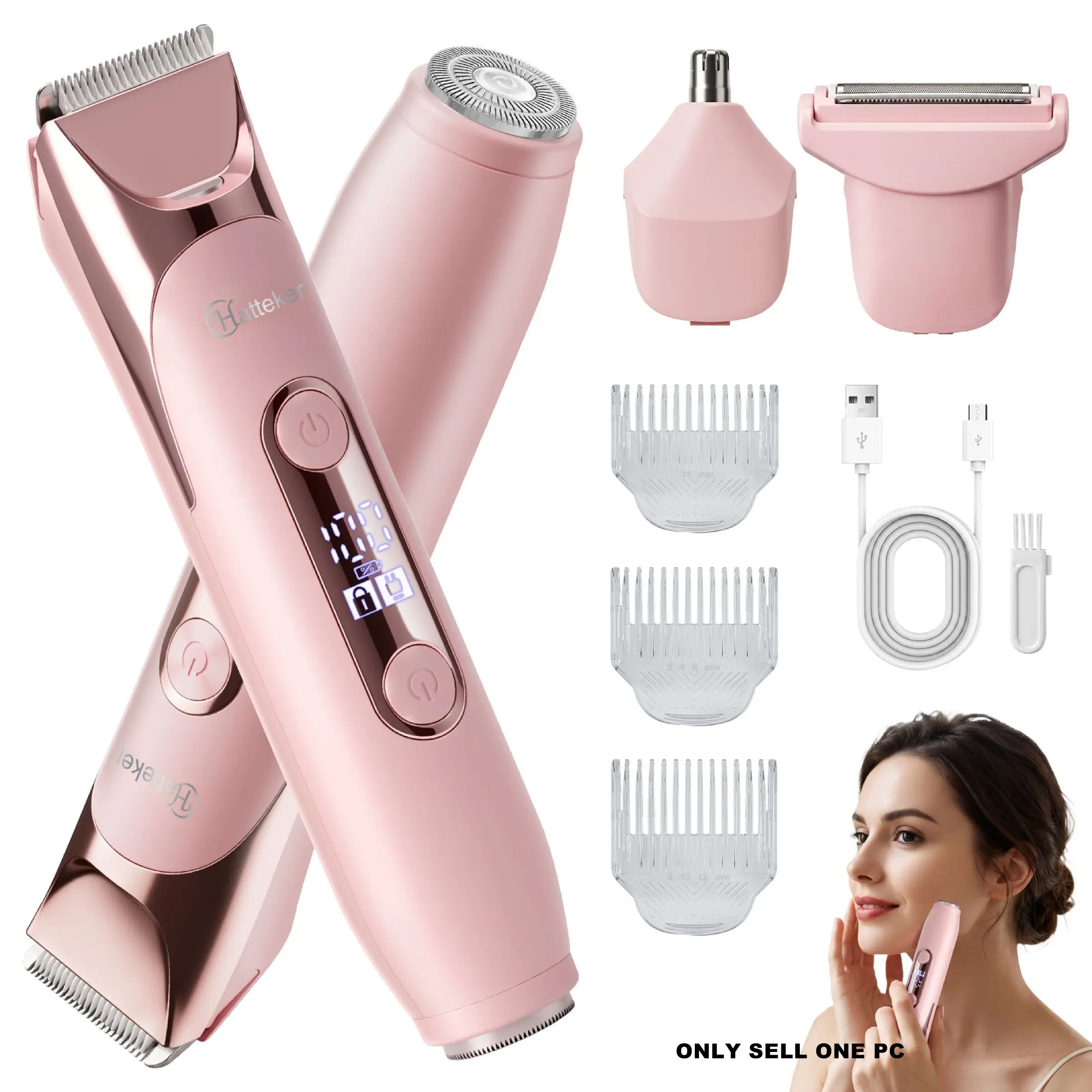 Hatteker 4-In-1 Women's Electric Shaver, Dual-Head Body Hair Trimmer, Ipx7 Waterproof Rechargeable Bikini Trimmer, Face Hair Remover