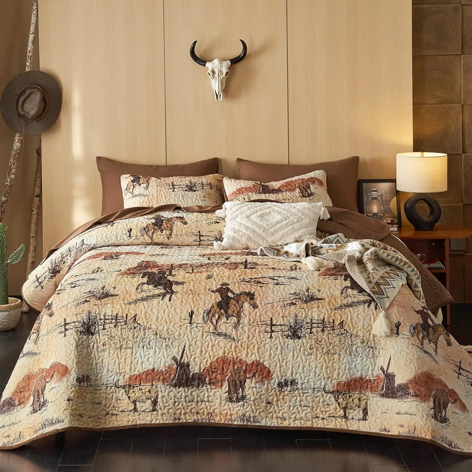 - Set, Ranch Life with Southwestern Vintage Pattern Printed, Reversible Lightweight Bedspread Coverlet, 3 Pieces, Ochre Brown, Queen/Full Size