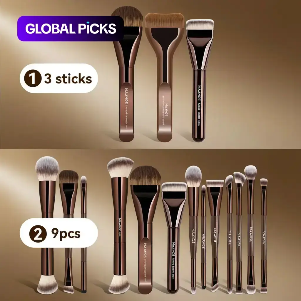 MAANGE 3- or 9-Piece Makeup Brush Set, Face Makeup Brushes Including Flat, Curved, and Ultra-Thin Foundation Brushes for Blending and Powder Application #GLOBAL PICKS
