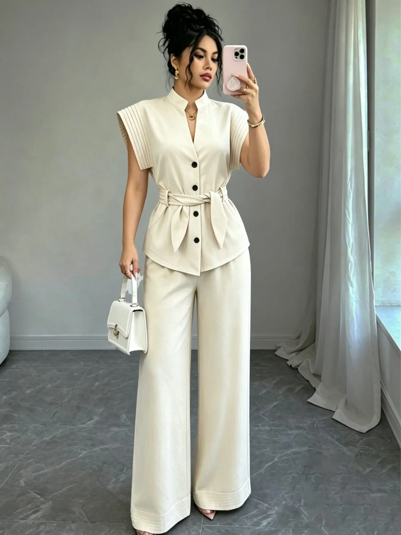 Women's High-End Stand Collar Top and Wide Leg Pants Set, Elegant Casual Minimalist Style, Perfect for Everyday Office Commute and Outdoor Wear