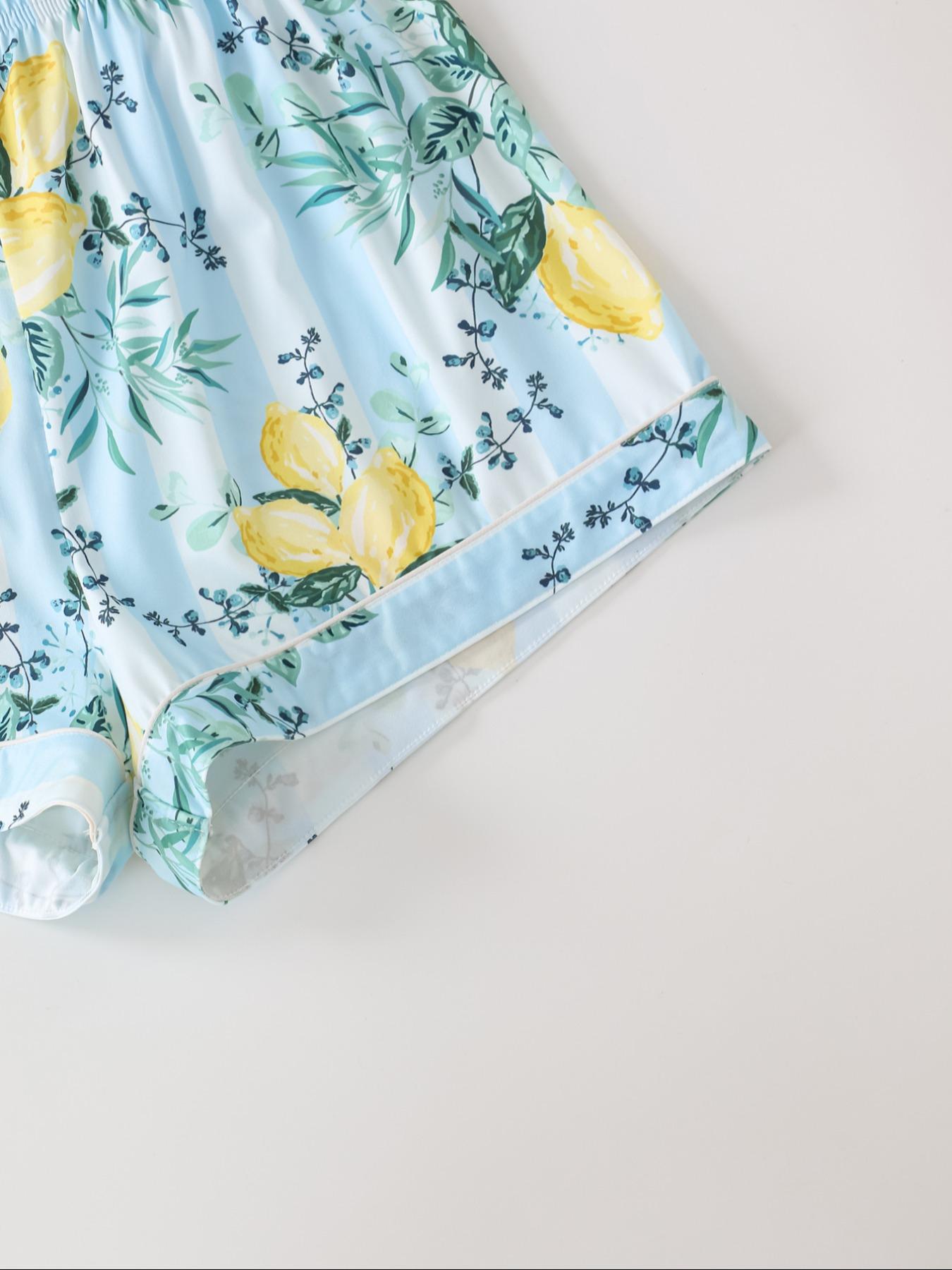 Women's Lemon Print Short Sleeve Pajama Set, Fruit Print Pajama, Button Front Chest Pocket Design Lapel Neck Shortsleeve Top & Elastic Waist Shorts Set, Ladies Summer Sleepwear