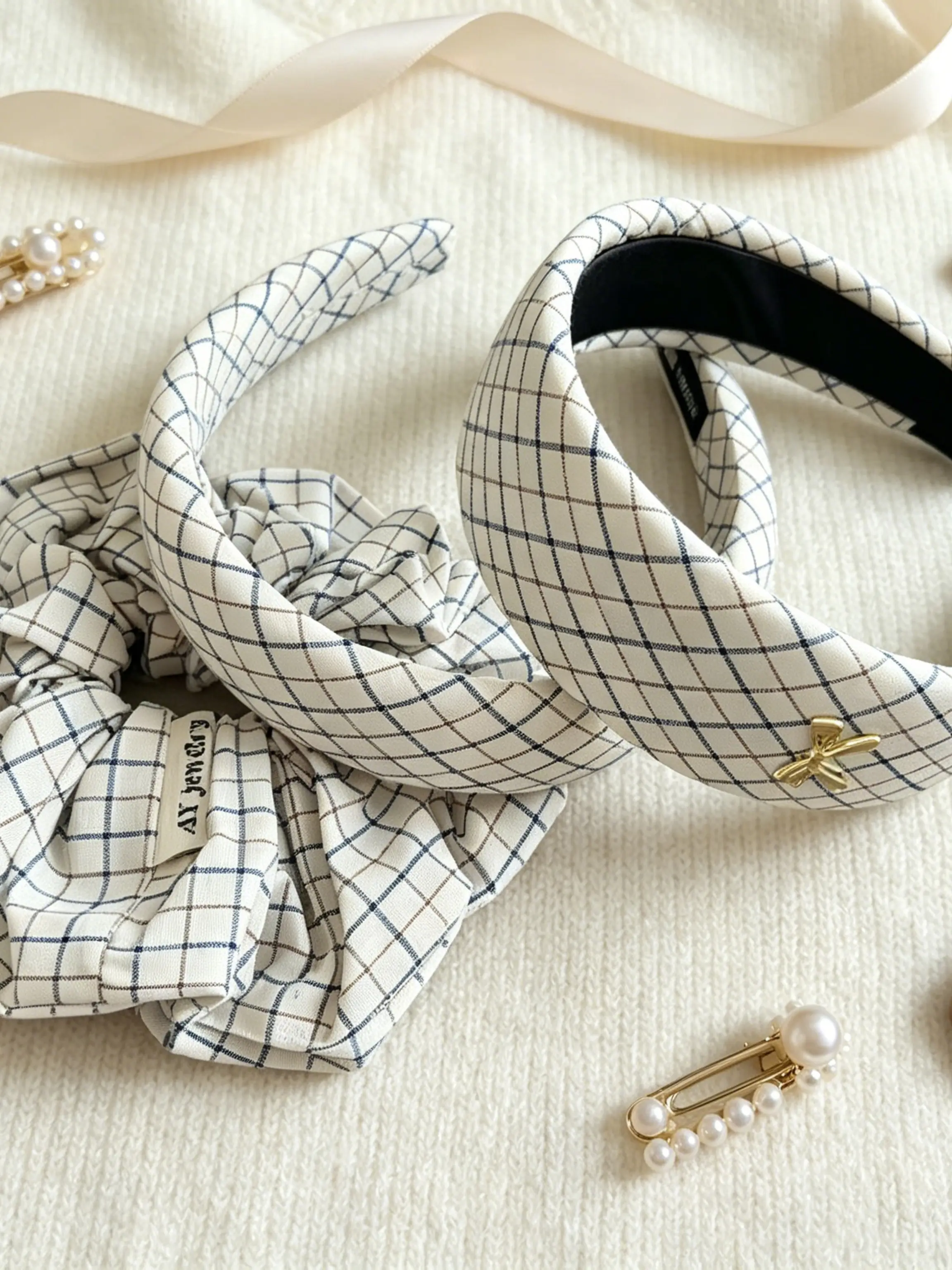 3 Piece Set Classic Plaid Fabric Hair Accessories, Non-Slip Wide Headband, Summer Holiday Headbands, Large Elastic Hair Tie, Elegant Metal Bow, Perfect Gift, Chic Headbands