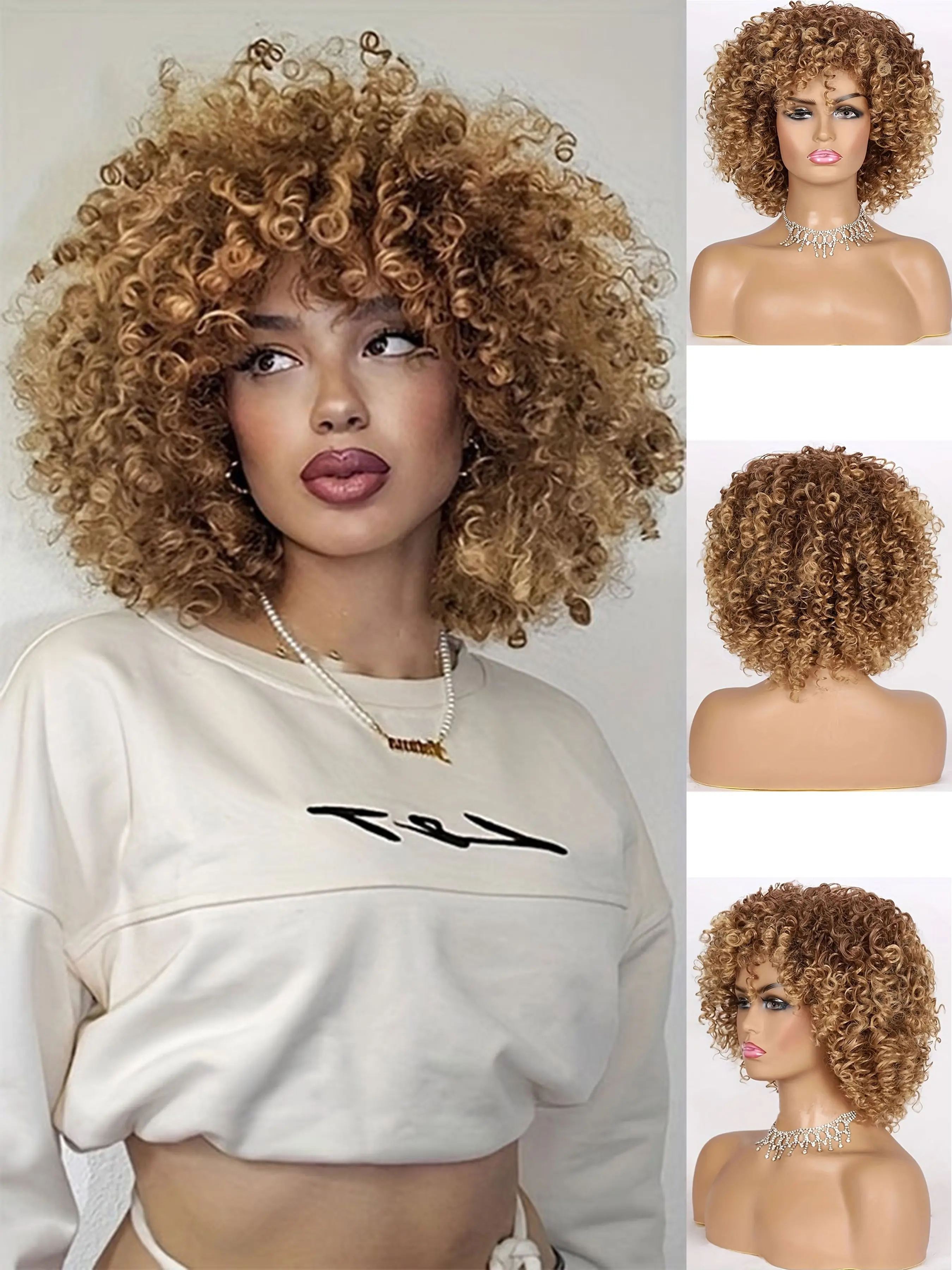 Luxurious African Curl Wig, Heat Resistant, Rose Net Cap, 100% Density, Suitable for All Races, Voluminous False Hair, Curly Synthetic Wig