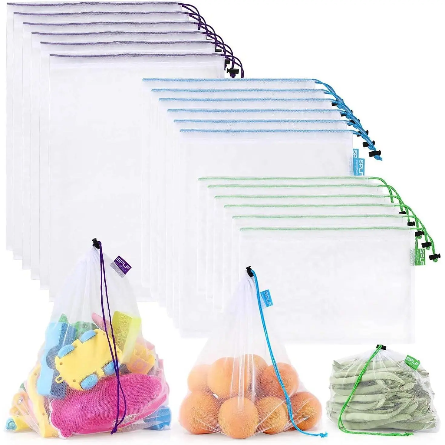18 Pcs Heavy Duty Reusable Mesh Produce Bags, Barcode Scanable See Through Food Safe Mesh Bags with Drawstring for Fruits, Vegetable, Food, Toys, Grocery Storage