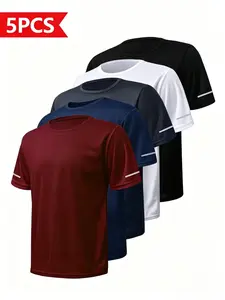 5-Pack Solid Short Sleeve T-Shirts, Breathable Workout Shirts, Multiple Colors, Lightweight Comfort, Breathable, Moisture-Wicking, Sporty Style, All Seasons