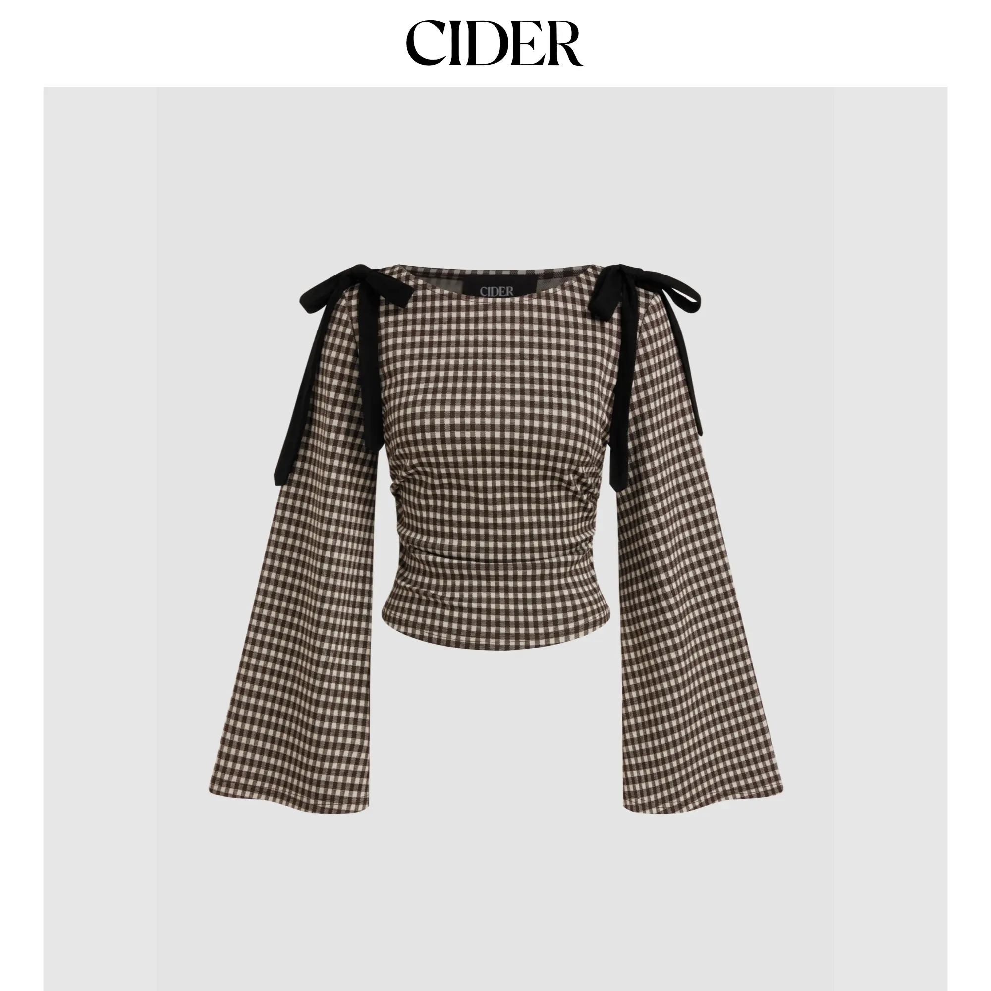 Cider Boat Neck Gingham Bowknot Ruched Long Sleeve Top SummerFinds